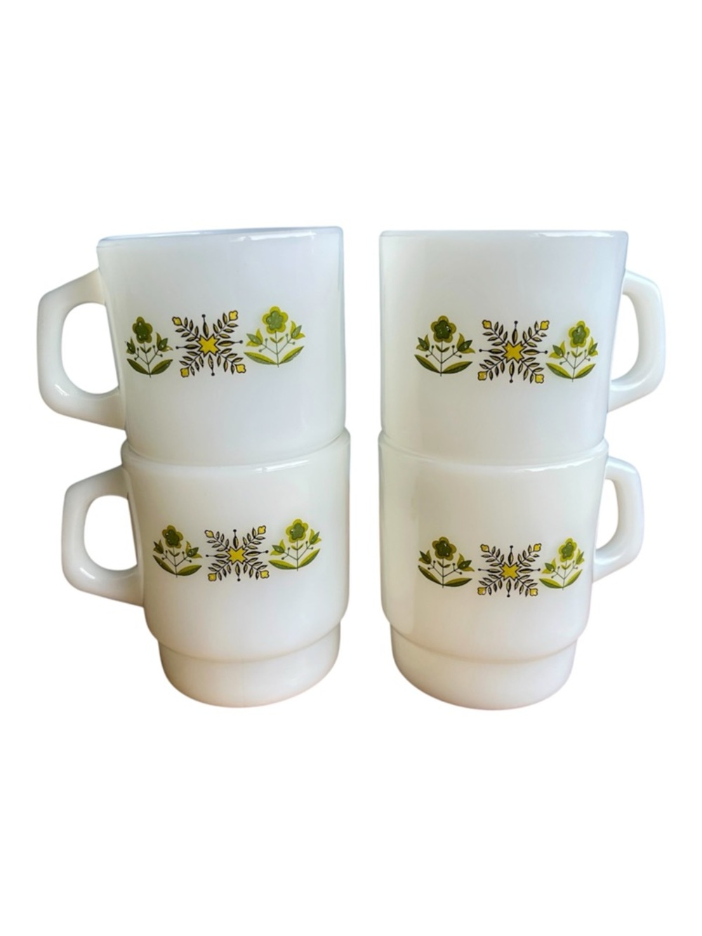 Vintage Anchor Hocking Fire King “Green Meadow” Stacking Mugs - Set of 4 RARE